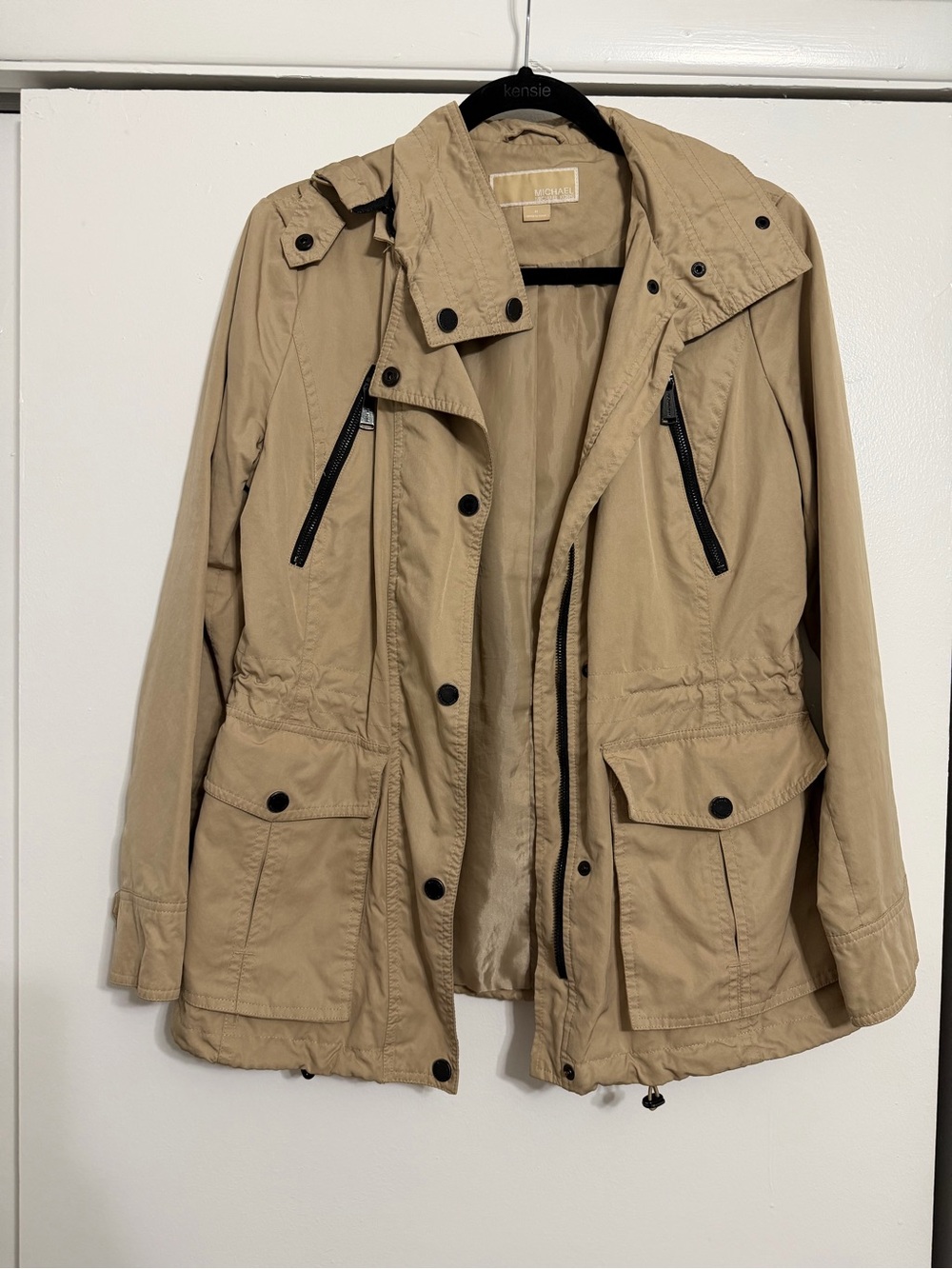 Michael Kors Women's Tan Utility Rain Jacket with Removable Hood - Size M
